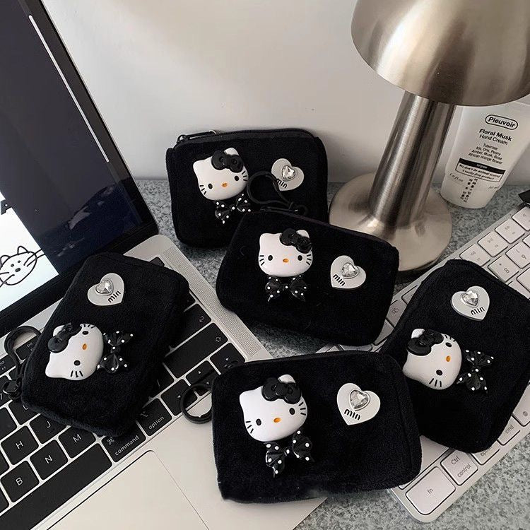 Cute Fluffy Hello Kitty Mini Wallet with Heart Charm - Soft Zipper Card Holder for Earphones and Cards, Perfect for Couples