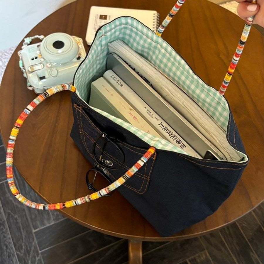 Denim Crossbody Tote Bag with Beaded Straps and Checker Lining, Stylish Everyday Shoulder Bag for Women