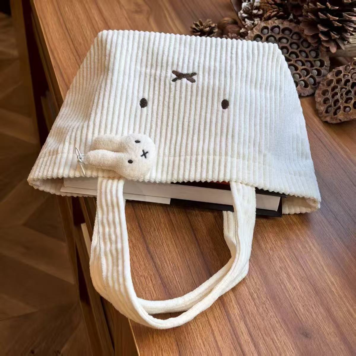 Cute Rabbit Embroidered Corduroy Tote Bag with Large Capacity and Soft Design for Daily Use