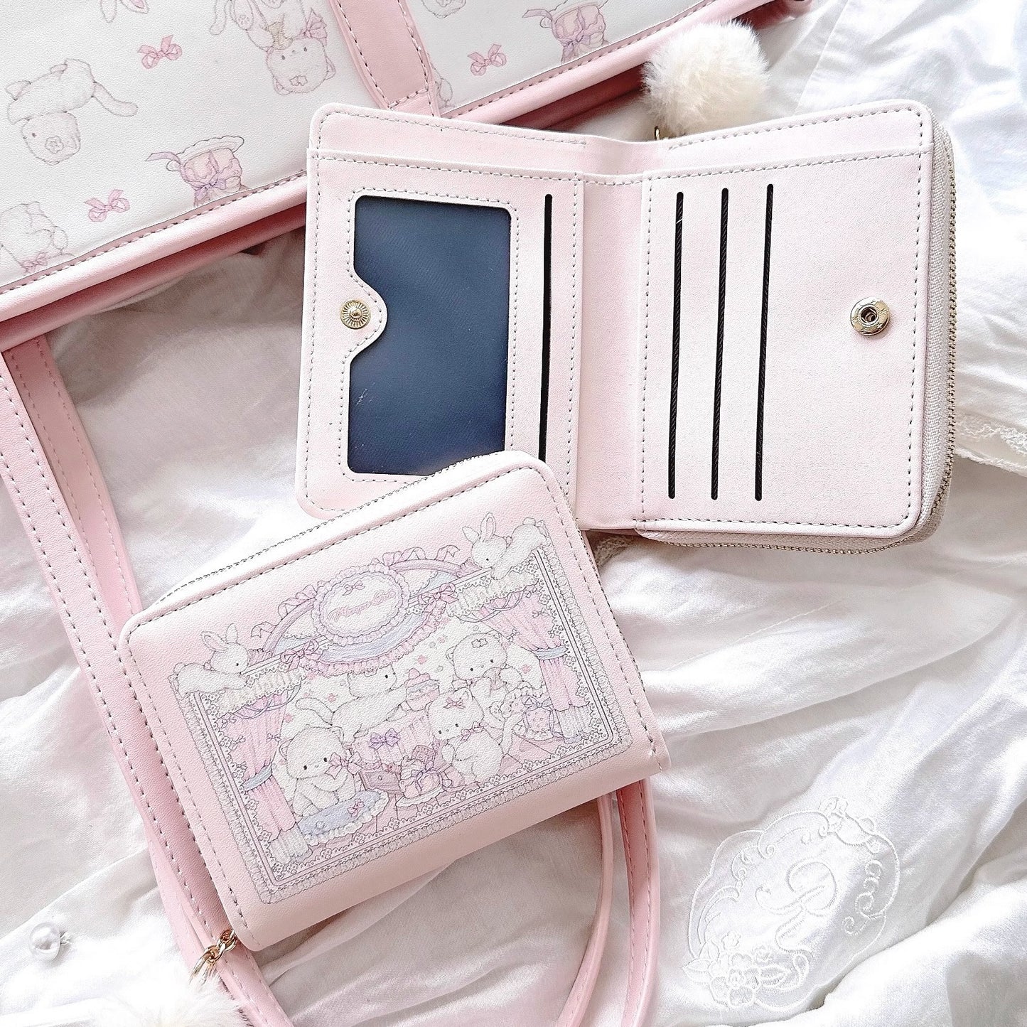 Cute Cartoon Bear Zipper Wallet for Women, Soft PU Leather Compact Card Holder with Adorable Print Design