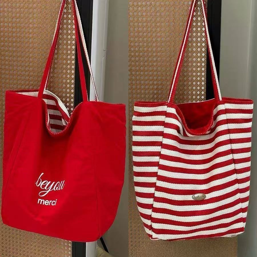 2026 Trendy Striped Canvas Tote Bag for Women, Large Capacity Casual Shoulder Bag with Street Style Design