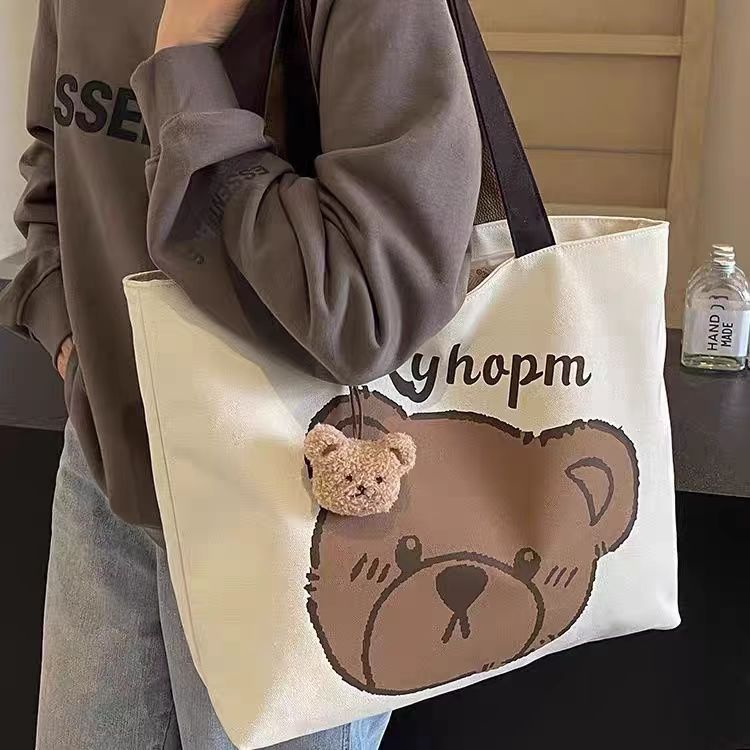 Cute Bear Print Tote Bag with Pom-Pom Charm, Large Capacity Canvas Shoulder Bag for Daily Use and School