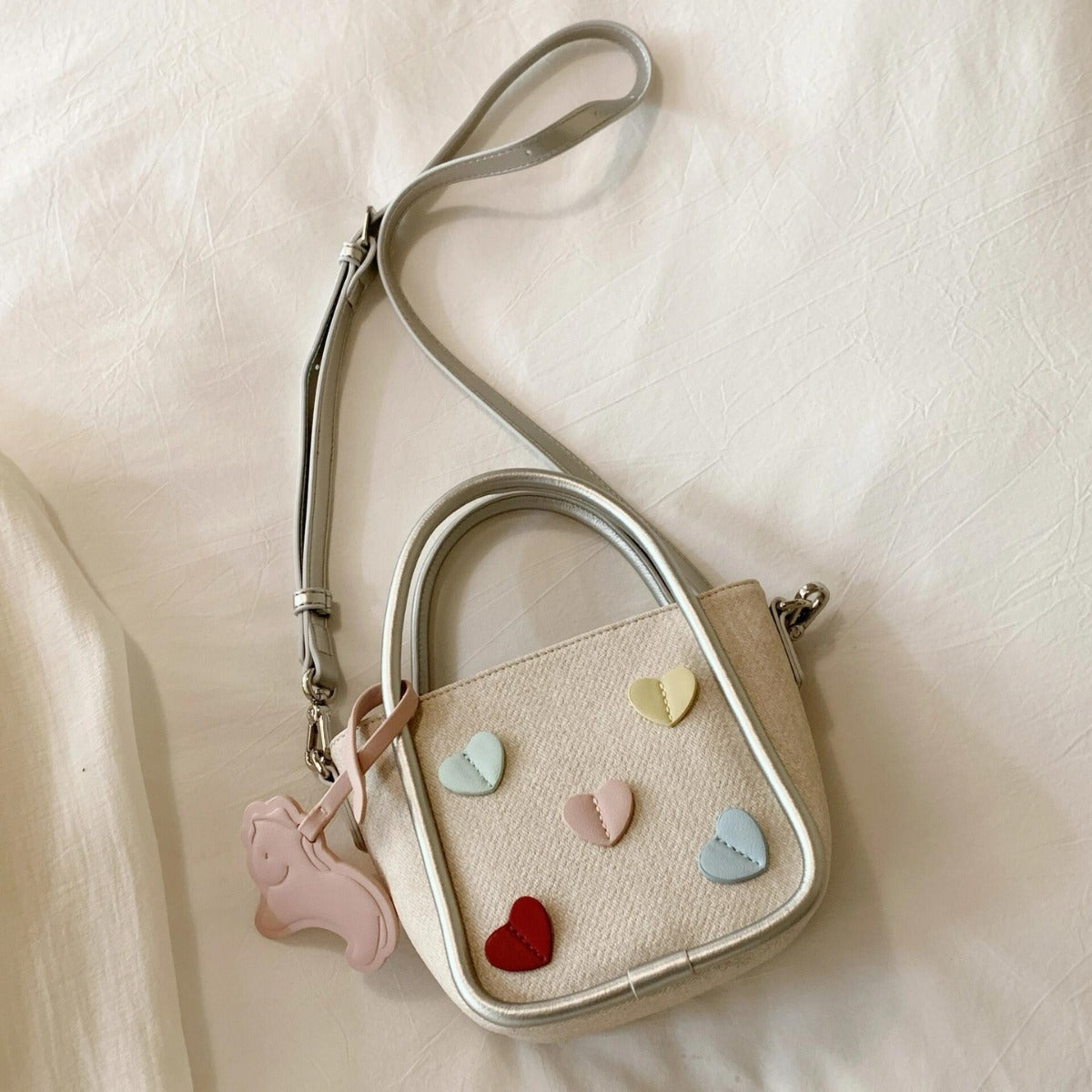 Cute Color-Blocked Canvas Tote Bag with Heart Appliques and Pony Charm for Women - Summer 2025 Trendy Daily Use Handbag