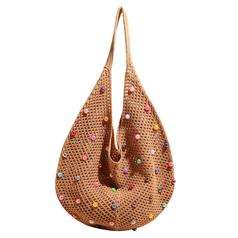 Holiday One-Shoulder Women's Color Knitted New Large Capacity Sense Hollow Pearl Beach Bag