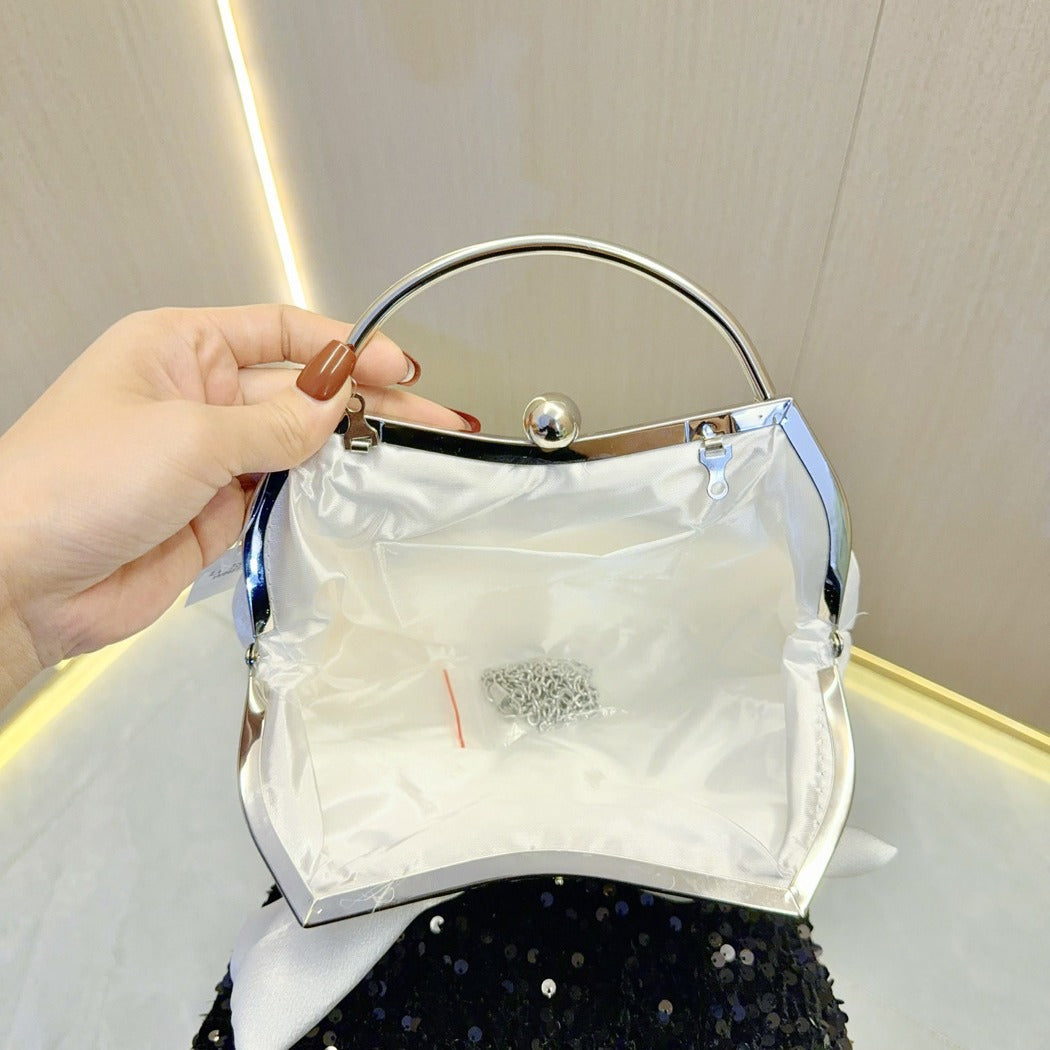Elegant White Bow Handbag with Metal Handle for Wedding and Evening Events, Soft Satin Design with Inner Pockets