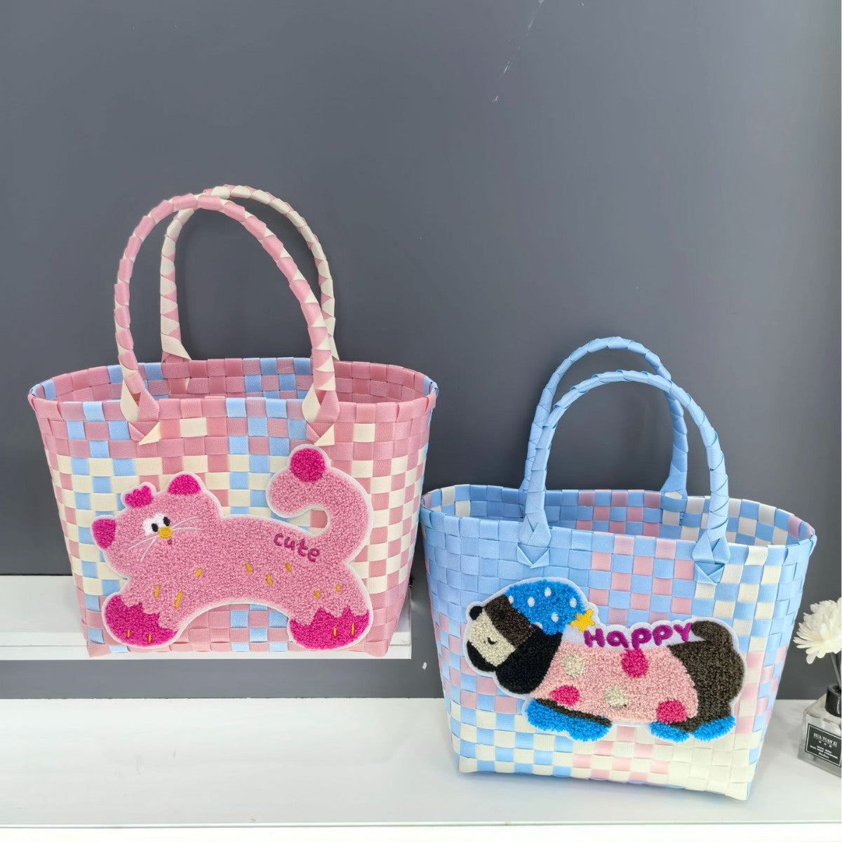 Spring Outing Picnic Bag Portable Plastic Woven Bag Large Capacity Woven Bag Cute Pink Fresh Color Matching Plaid