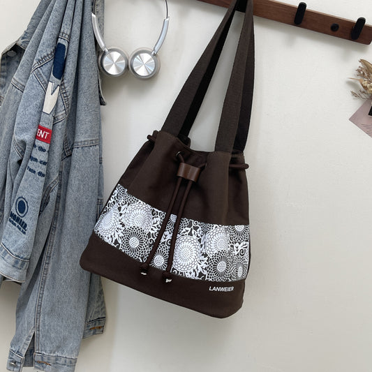 Chic Korean-Style Canvas Tote Bag with Floral Pattern and Drawstring Closure for Everyday Use