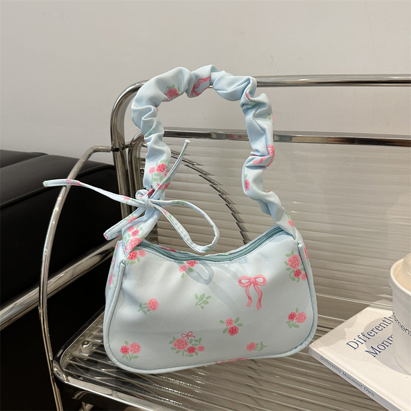 Gentle Sweet Flowers Canvas Bag Female New Drawstring Floral Bow Underarm Bag