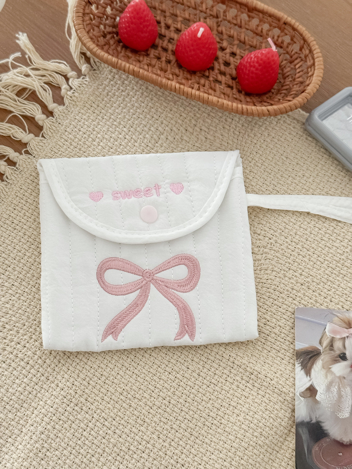 Sweet Embroidered Bow Pouch for Menstrual Products and Daily Essentials, Cute and Portable Design with Stitched Details