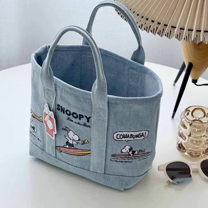 Snoopy Embroidered Denim Tote Bag with Magnetic Closure, Cartoon Design for Daily Use and Casual Outfits
