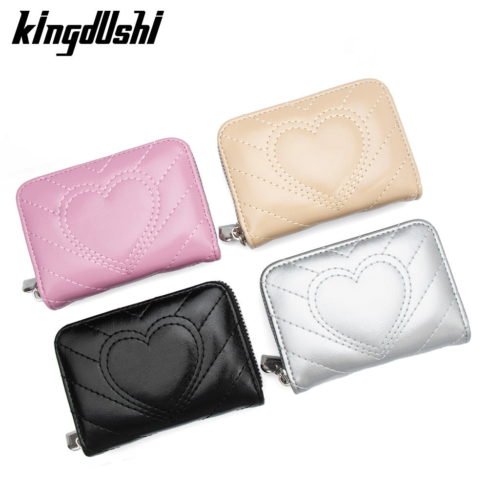 Stylish Heart Embroidery Zipper Card Holder with Multiple Slots and Large Capacity for Daily Use