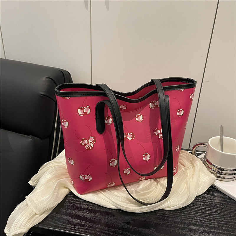 Cherry Printed Tote Women's Fashion Large Capacity Shoulder Bag New Simple Handbag