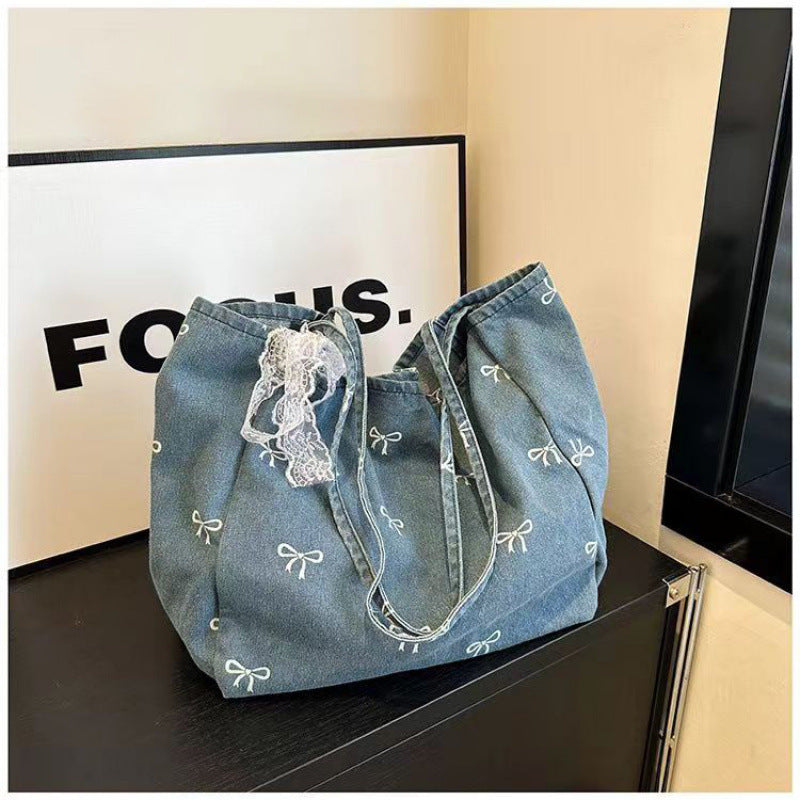 Cute Bow Embroidered Denim Tote Bag for Women, Large Capacity Casual Shoulder Bag with Lace Trim and Inner Pocket