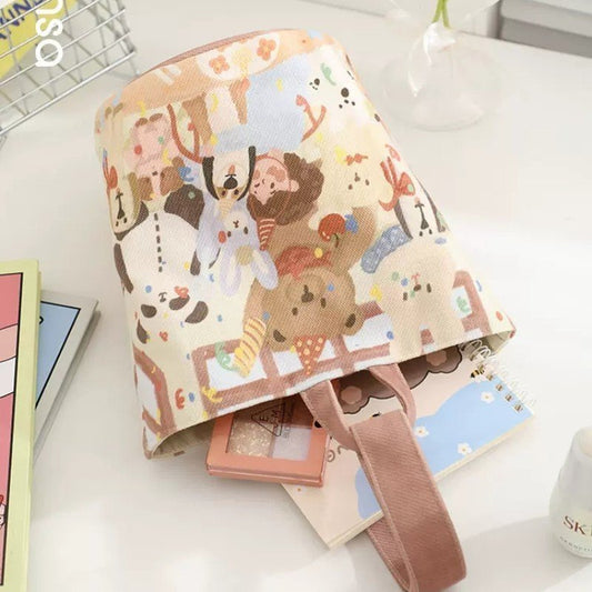 Cute Cartoon Bear Girl Canvas Tote Bag with Vintage Paint Style Print, Magnetic Closure, Perfect for Daily Use and School