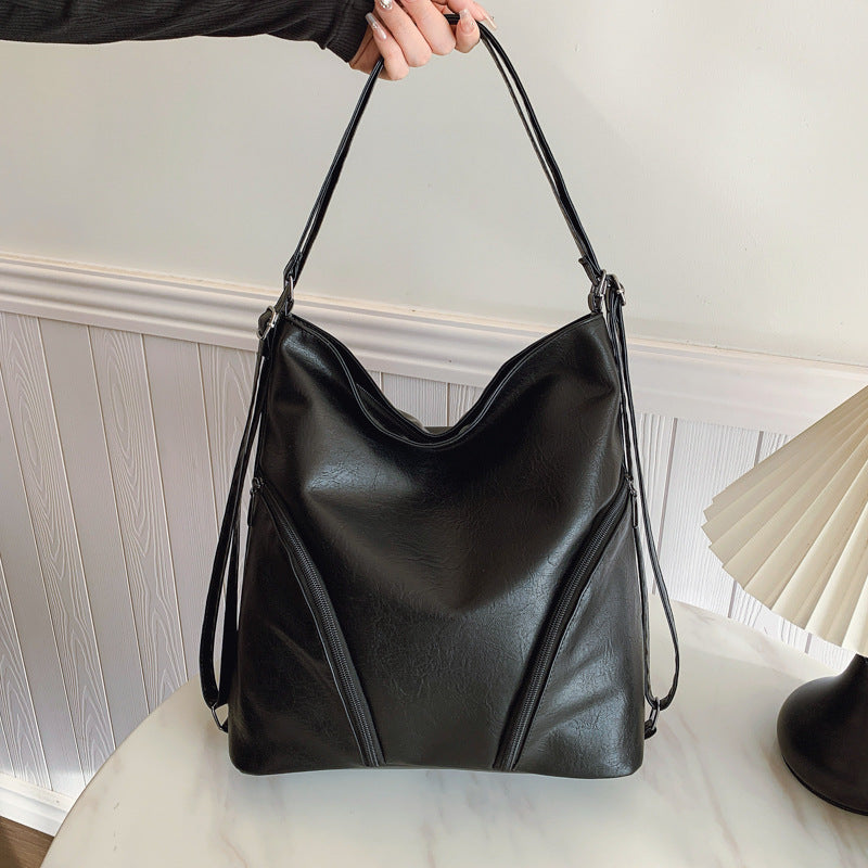Vintage Fashion Large Capacity Soft PU Shoulder Bag with Zipper Closure and Stylish Stitching Details