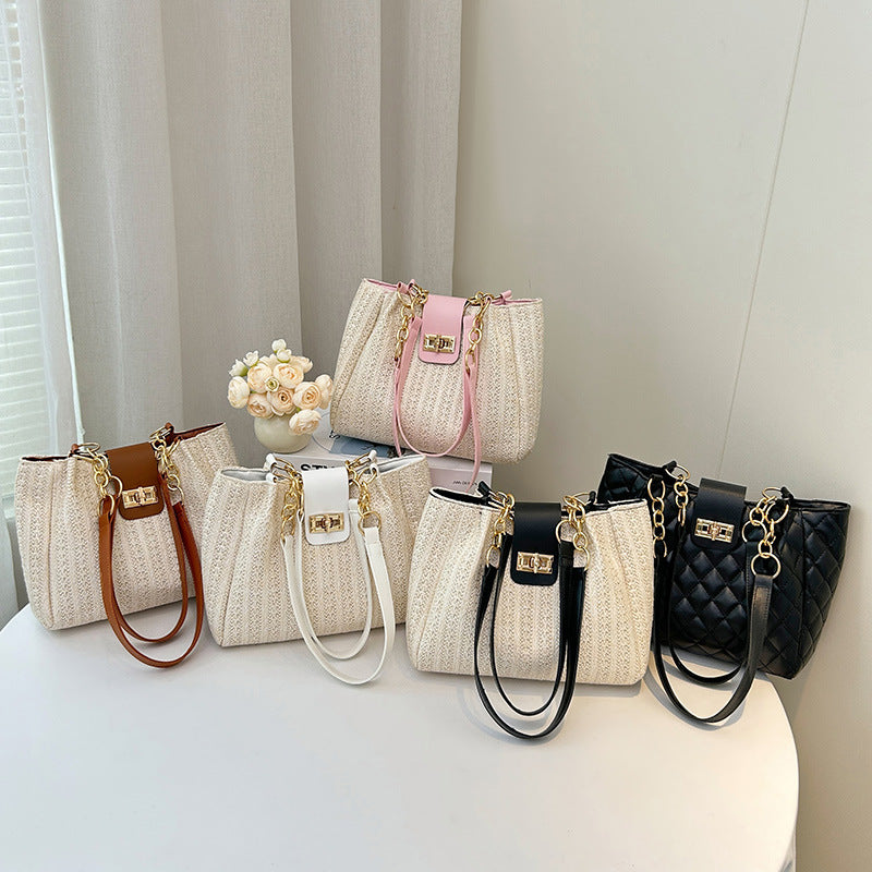 Spring New Women's Classic Style Straw Shoulder Bag Wide Shoulder Strap Large Capacity Commuter's All-Matching Fashion Design Daily Essential