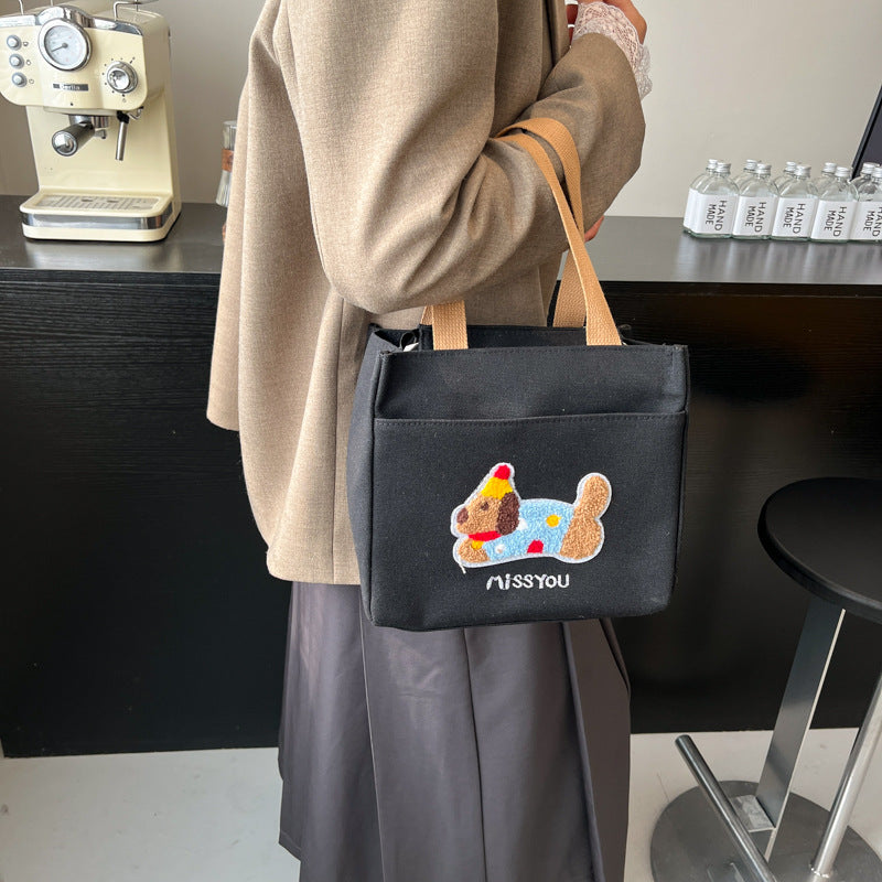 Cute Embroidered Dachshund Canvas Tote Bag for Women, Simple Daily Use Handbag with Phone Pocket and Zipper Closure