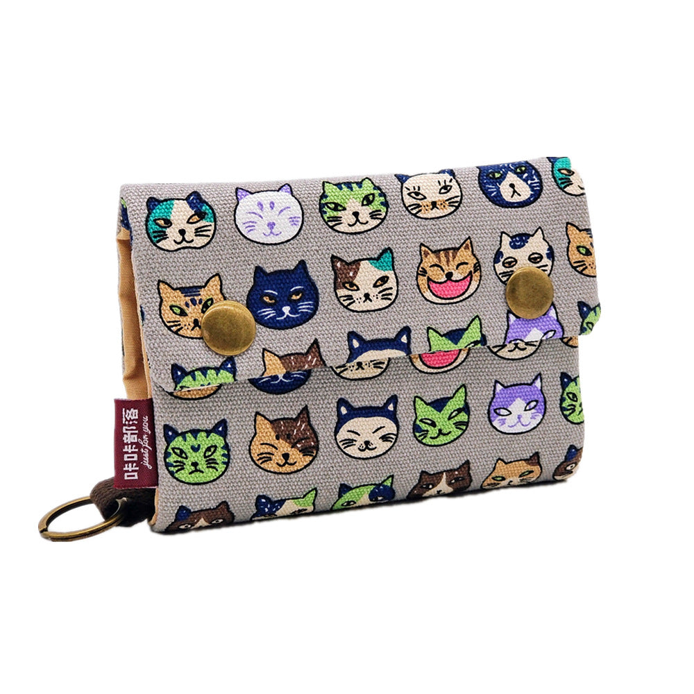 Creative Cartoon Printing Tri-Fold Denim Canvas Wallet Simple Canvas Card Holder Key Case for Both Men and Women
