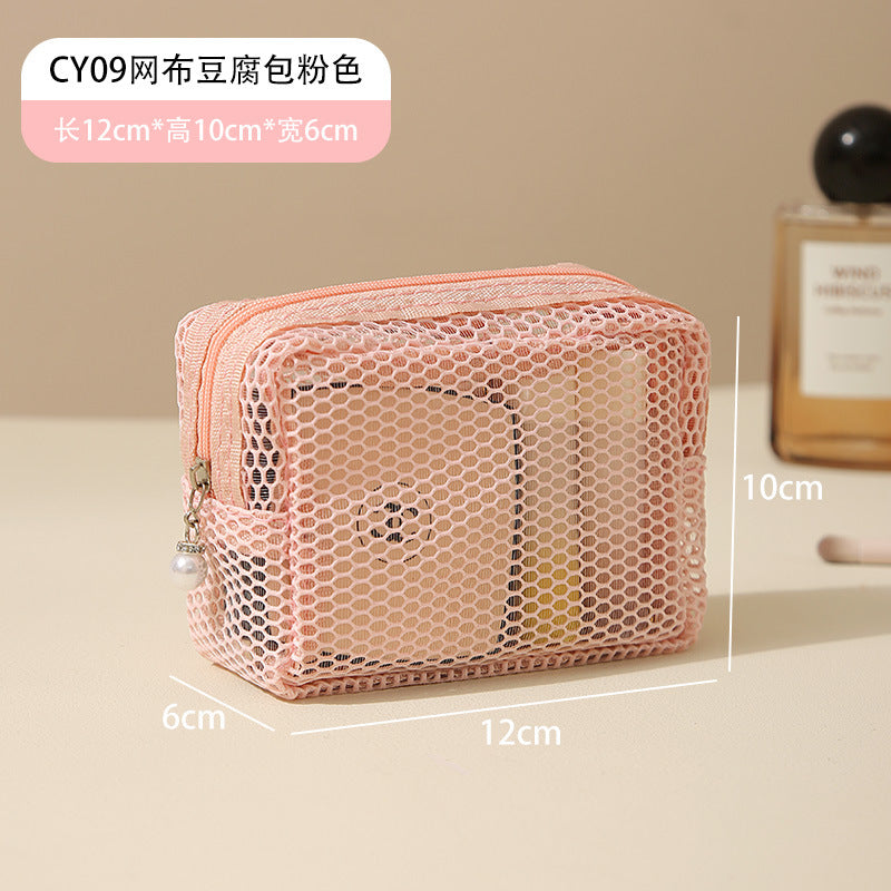 Large Capacity Mesh Tote Bag with Compartment Storage for Travel Toiletries and Cosmetics