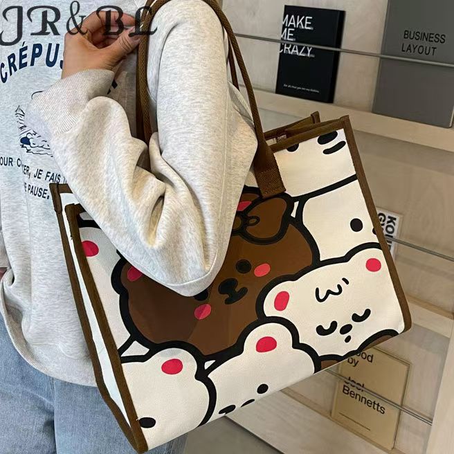 Cartoon Bear Canvas Bag for Women New Fashion Commuter Bag Large Capacity Student Shoulder Tote Bag