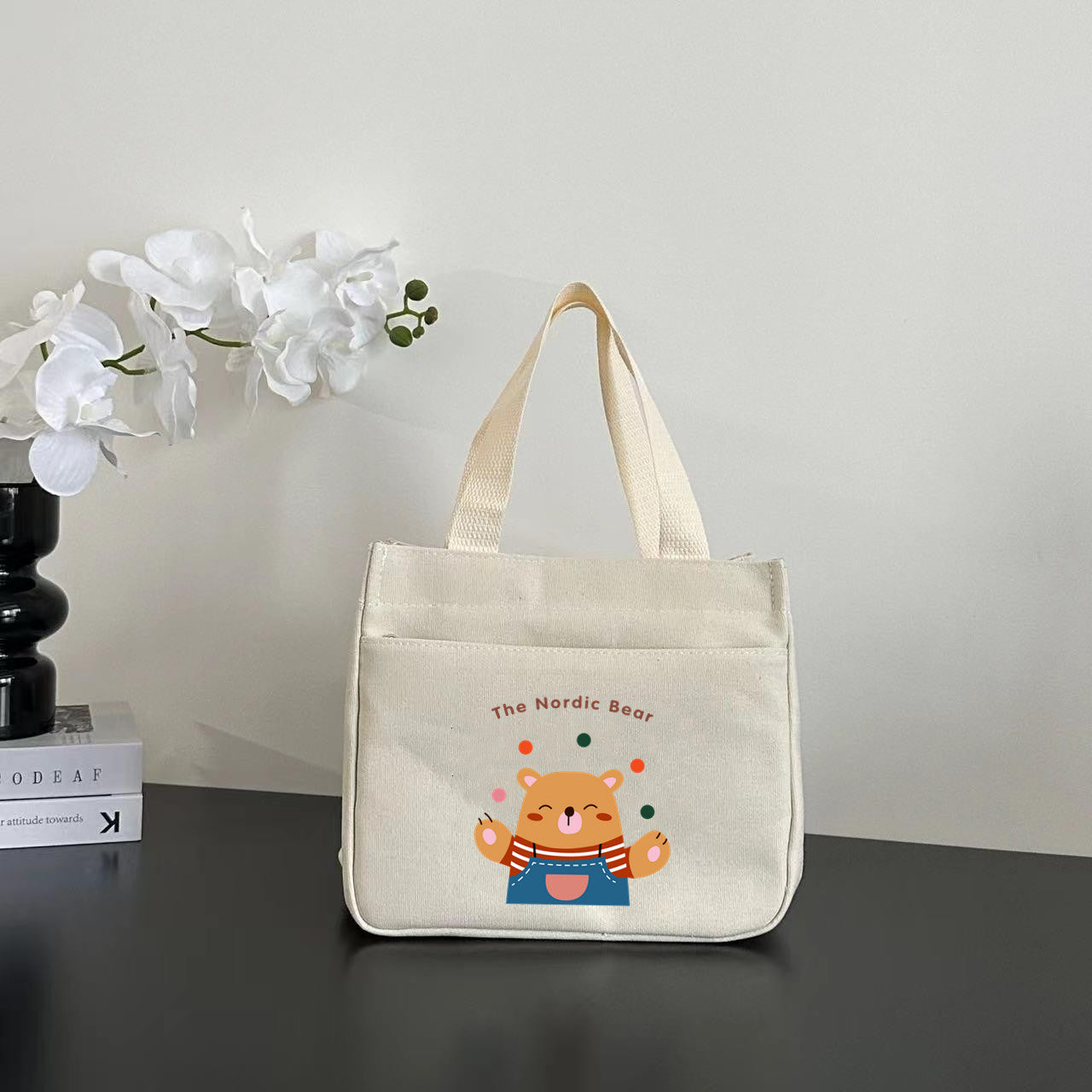 Women's Shoulder Bag Nordic Bear Canvas Tote Bag Zipper Design Cute Cartoon Pattern Daily Commuter Bento Tote Bag