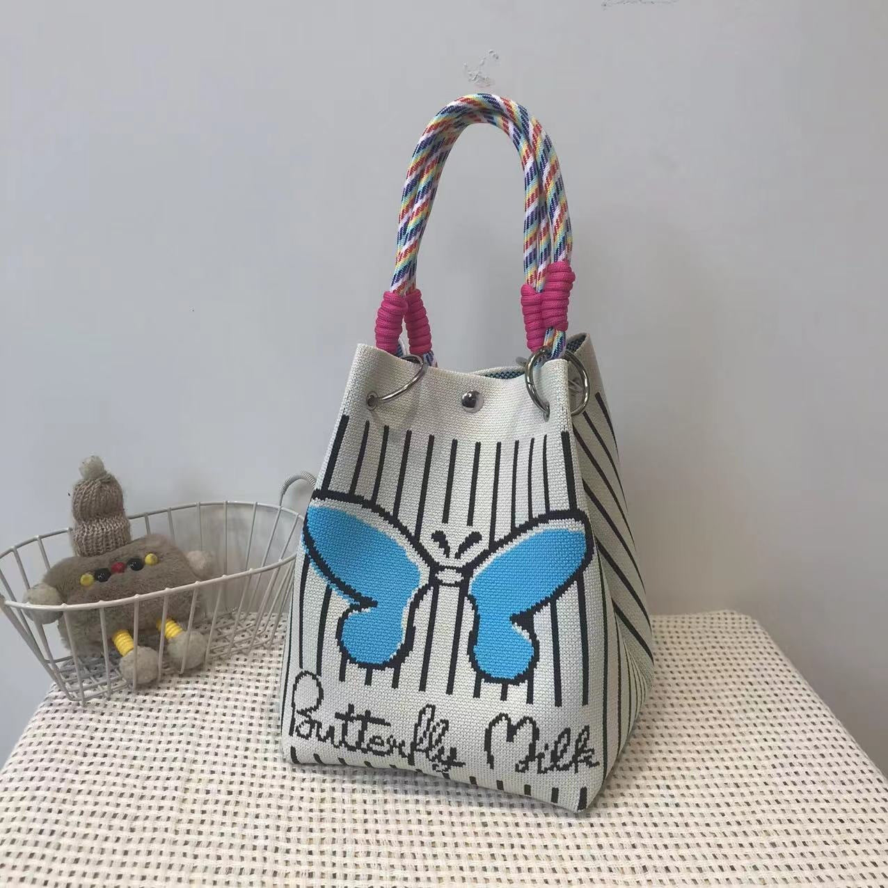 Black and White Rhombus Knitted Tote Bag Women's Casual Versatile Large Capacity Messenger Bag Handbag