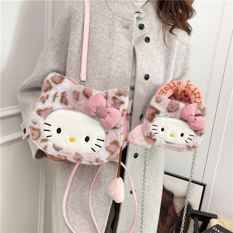 Cute Cartoon Kitty Furry Crossbody Bag with Chain Strap, Adorable Plush Design for Daily Wear