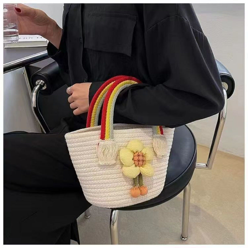 Sunflower Cotton String Woven Bag Straw Bag Baby Birthday Party Portable Cloud Beach Bag Basket