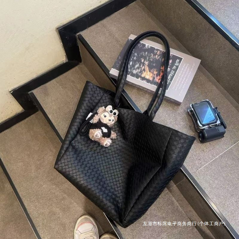 Stylish Weaved Tote Bag for Daily Commute and Casual Outings with Cute Plush Charm