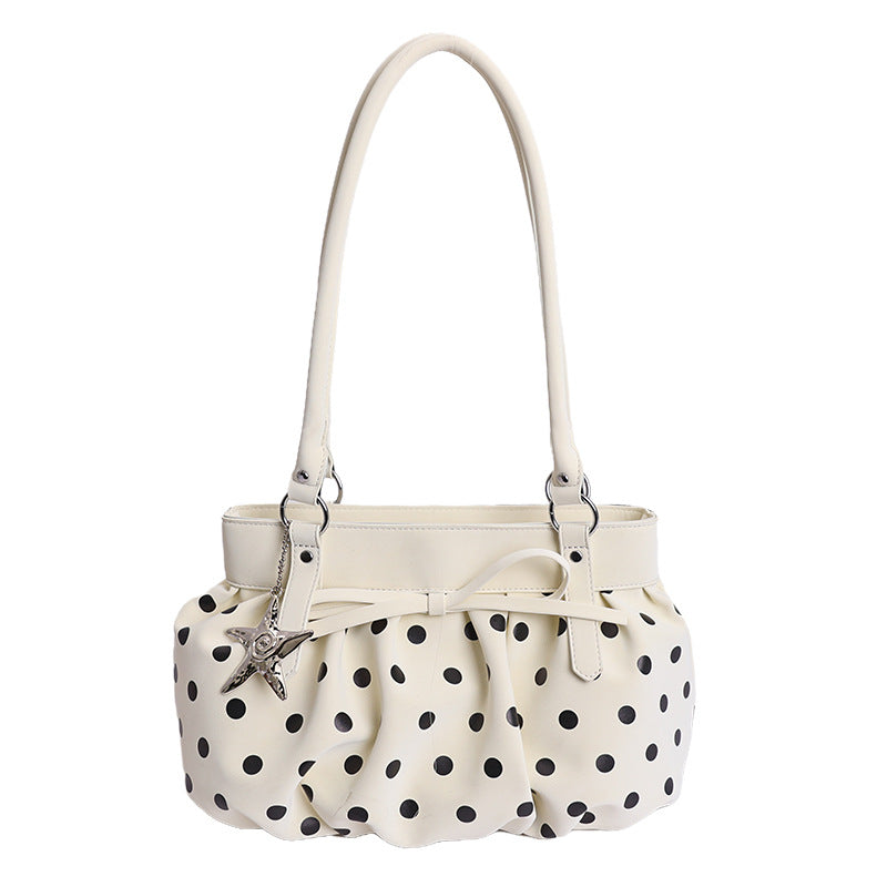 Korean Style Large Capacity Pleated Tote Bag with Polka Dot Print for Women, Casual Shoulder Bag for Daily Use