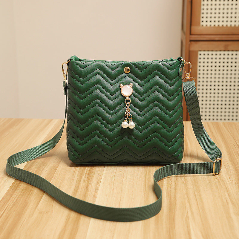 Chic Chevron Quilted Crossbody Bag with Cat Pearl Charm and Magnetic Closure for Daily Fashion