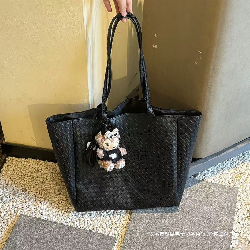 Stylish Weaved Tote Bag for Daily Commute and Casual Outings with Cute Plush Charm