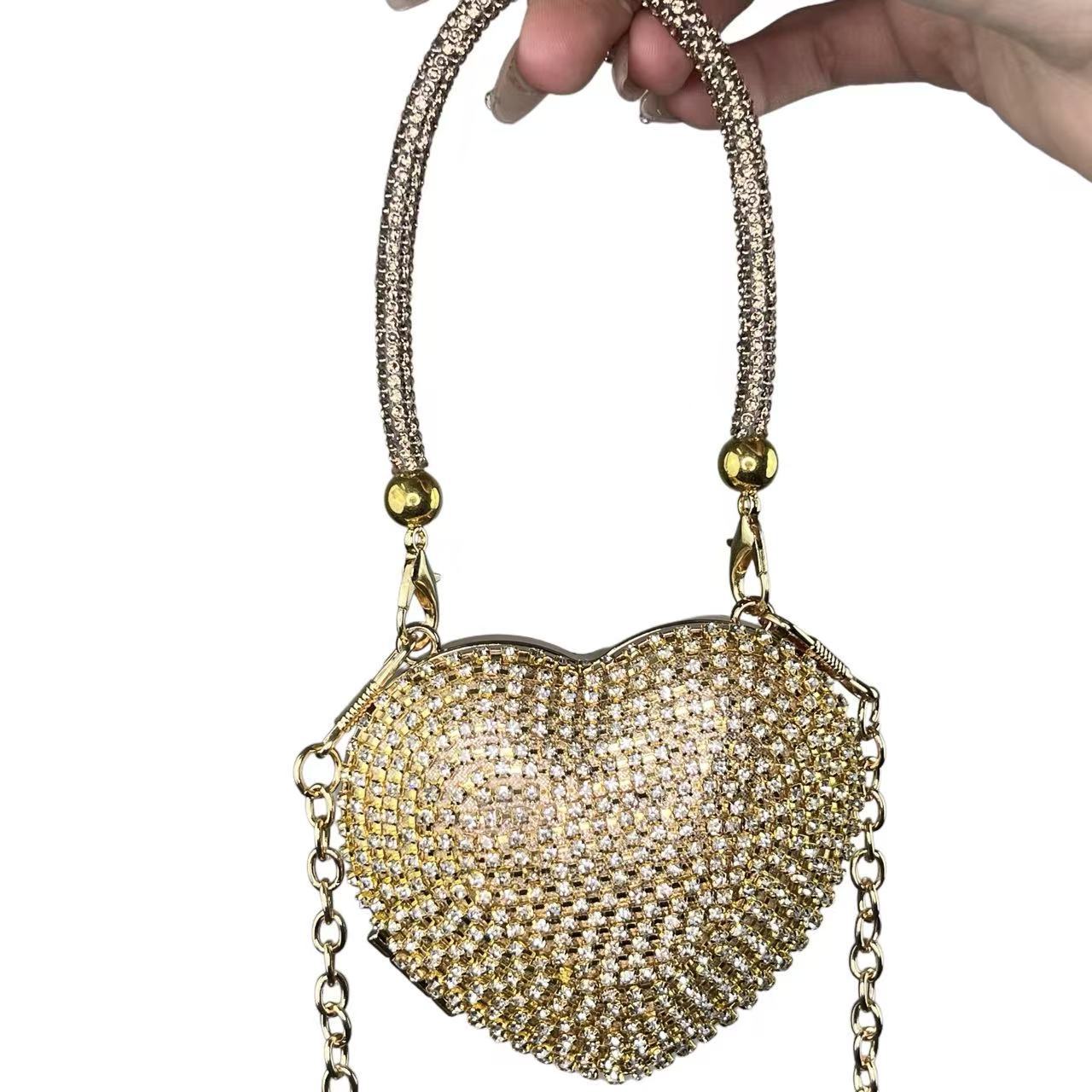 2025 New European Fashion Mini Heart-Shaped Crystal Clutch Bag with Chain Strap for Evening Party and Daily Use