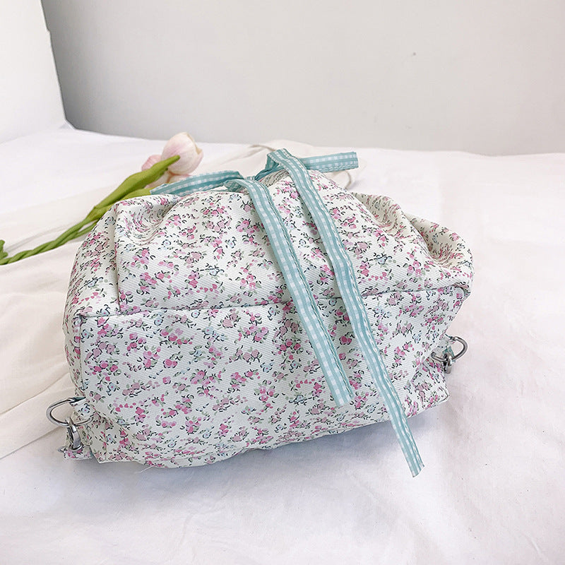 Women's Floral Nylon Backpack Student Party Korean Style Idle Style Cute Large Capacity Shoulder Messenger Bag Drawstring Design