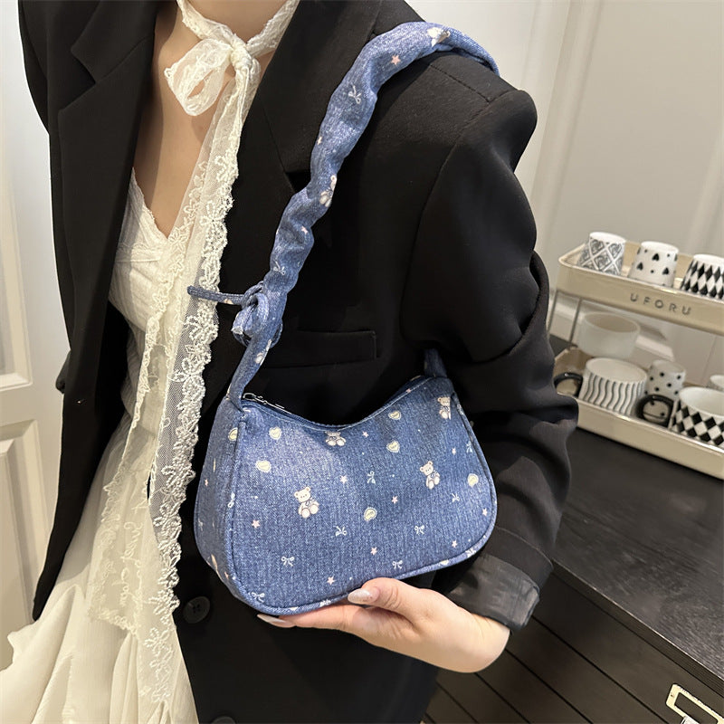 2025 New Denim Crossbody Bag for Women, Trendy Street Style with Bow Strap and Zipper Closure, Perfect for Daily Outfits