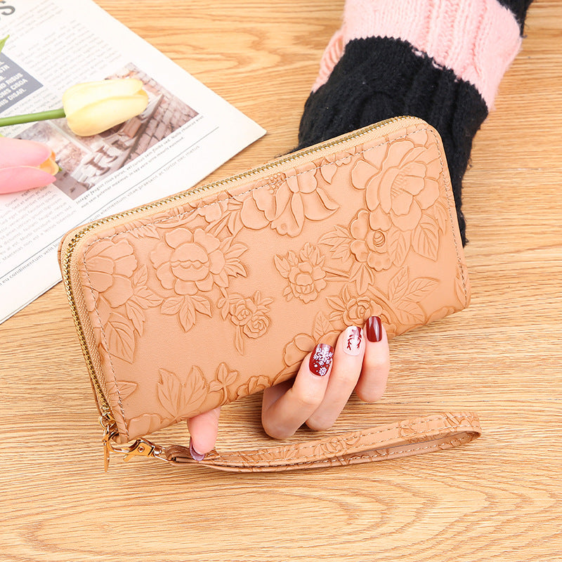 Elegant Floral Embossed Long Zipper Wallet with Phone Pocket and Multiple Compartments for Women