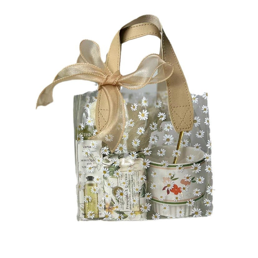 Chic Transparent PVC Tote Bag with Floral Print and Satin Handle for Gift Packaging and Everyday Use