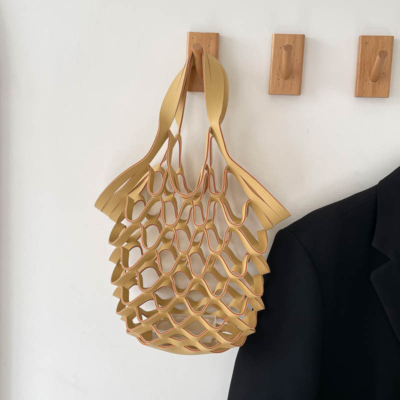 New Spring New Women's Net Bag Handmade Pu Folding Hand Bag Large Capacity Shoulder Bag