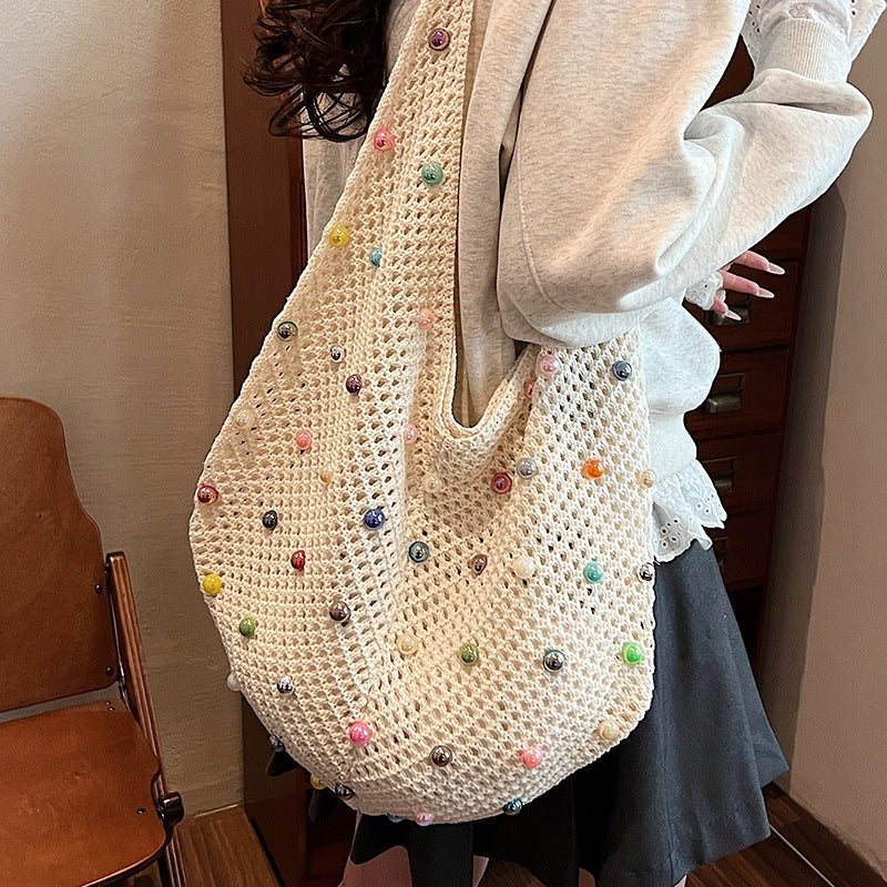 Holiday One-Shoulder Women's Color Knitted New Large Capacity Sense Hollow Pearl Beach Bag
