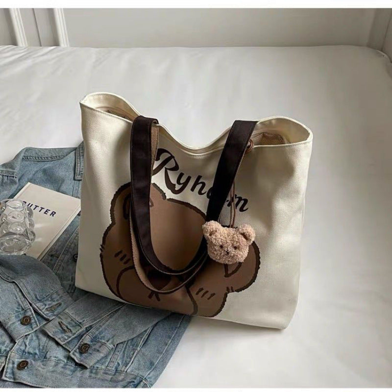 Cute Bear Print Tote Bag with Soft Canvas Material and Double Handles for Daily Use