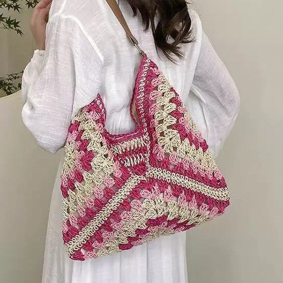 Charming Crochet Straw Tote Bag for Women, Casual Boho Style Shoulder Bag with Open Top and Interior Card Pocket