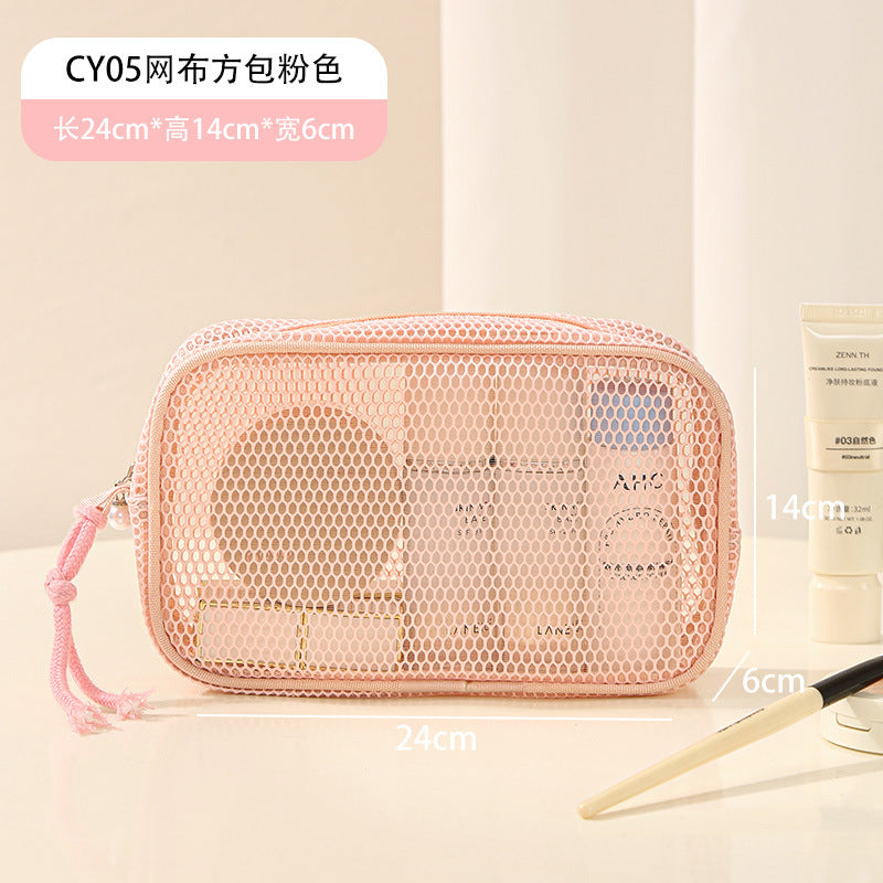 Large Capacity Mesh Tote Bag with Compartment Storage for Travel Toiletries and Cosmetics