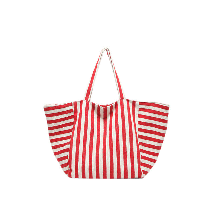 Korean Style Striped Canvas Tote Bag 2025 Summer Large Capacity Student Shopping Bag Simple Urban Design