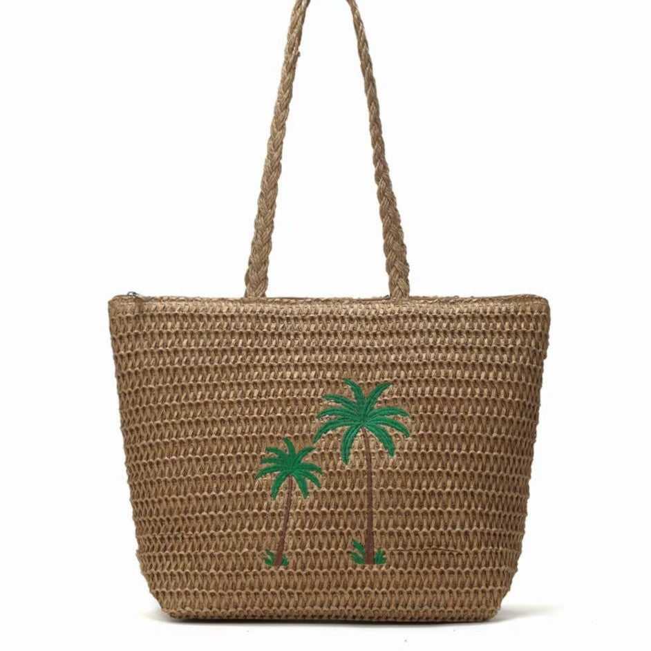 2025 Spring Summer New Style Woven Tote Bag with Palm Tree Embroidery, Large Capacity Straw Shoulder Bag for Daily Use