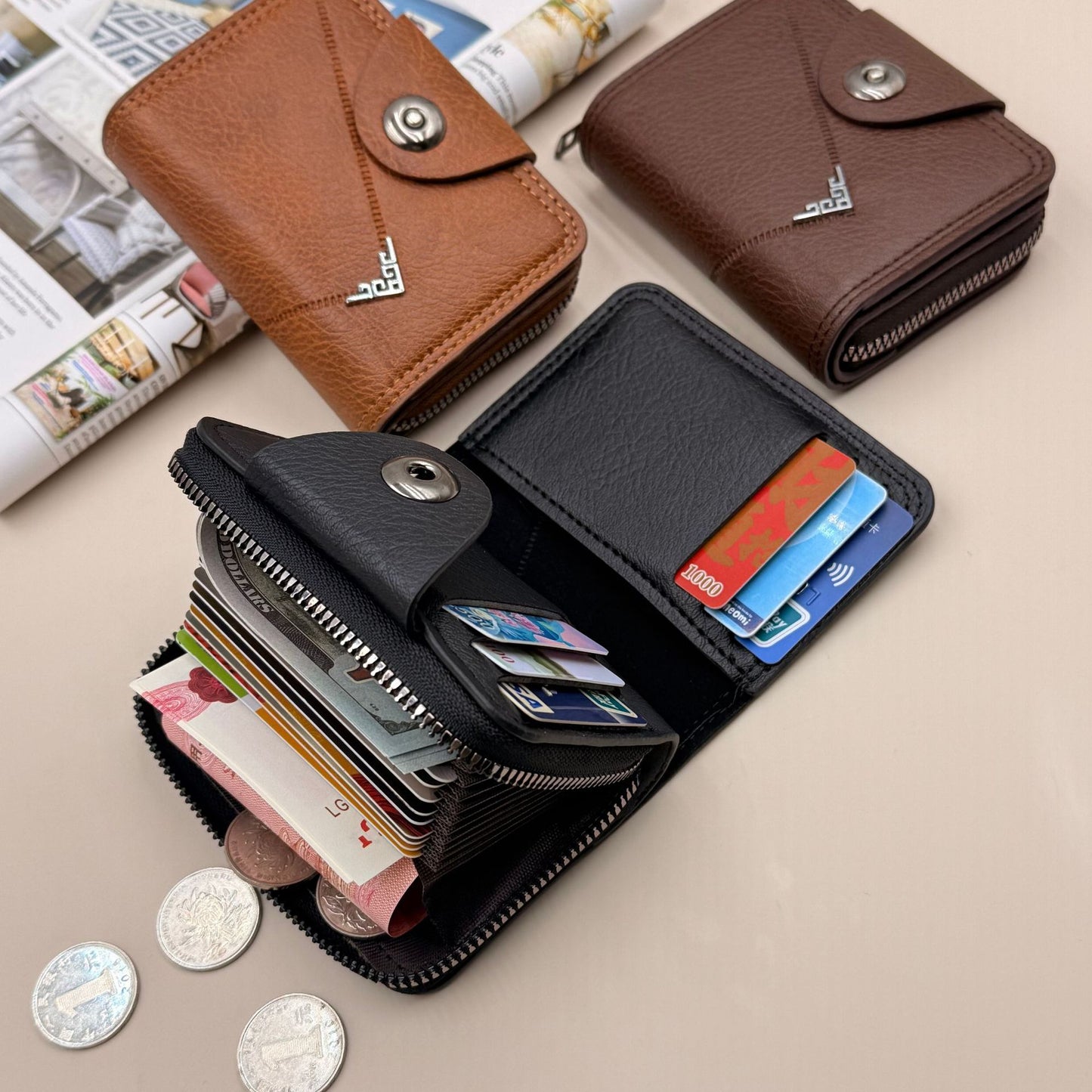 Men's Wallet Fashion PU Leather Card Holder with Button Large Capacity Card Storage Wallet