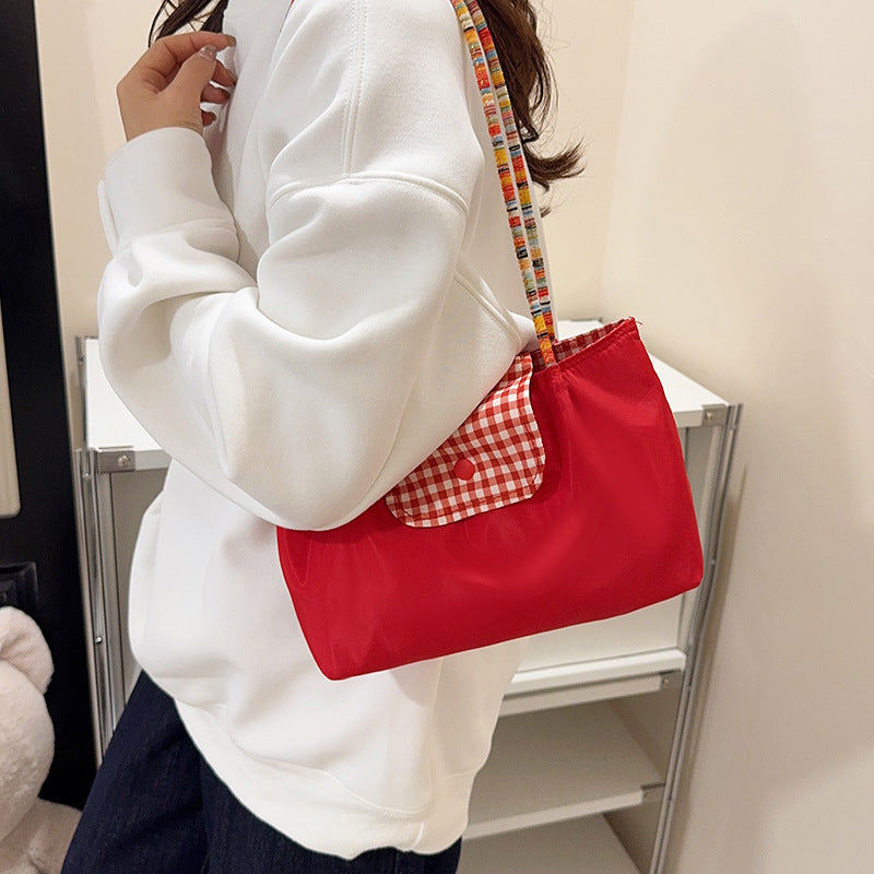2025 New Large Capacity Canvas Tote Bag with Checkered Flap and Beaded Strap, Street Style Everyday Shoulder Bag for Women