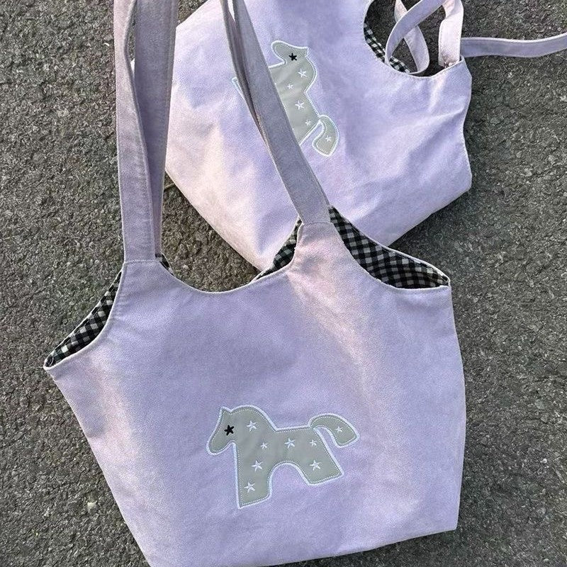 Cute Cartoon Horse Tote Bag for Women, Casual Shoulder Bag with Large Capacity and Inner Pockets, Perfect for Daily Use and School