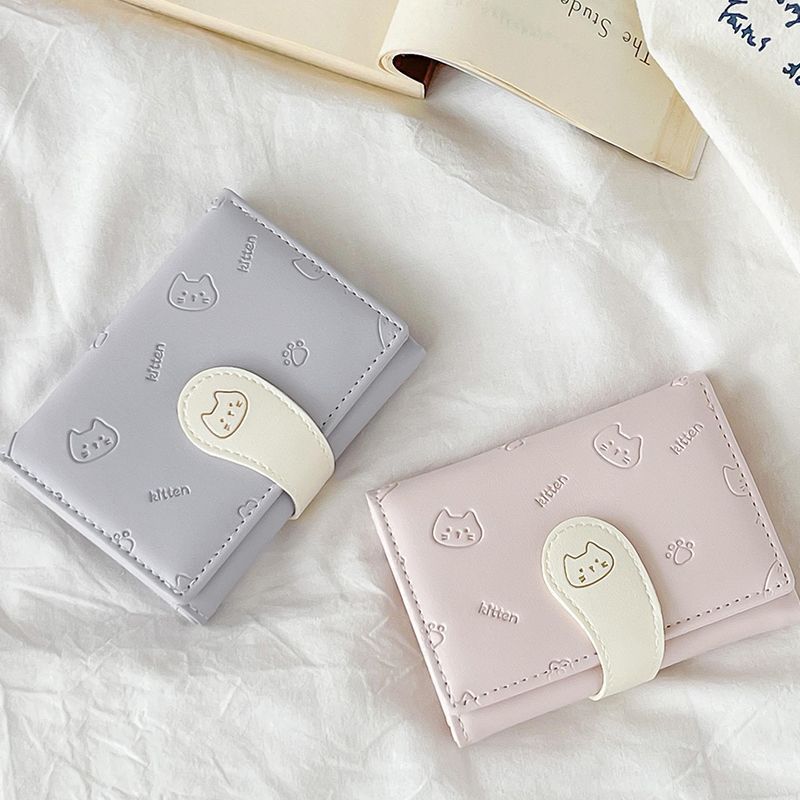 Cat Tail Cute Ladies Card Holder Fashion Buckle Cartoon Printed Pu Short Tri-Fold Coin Purse Wallet