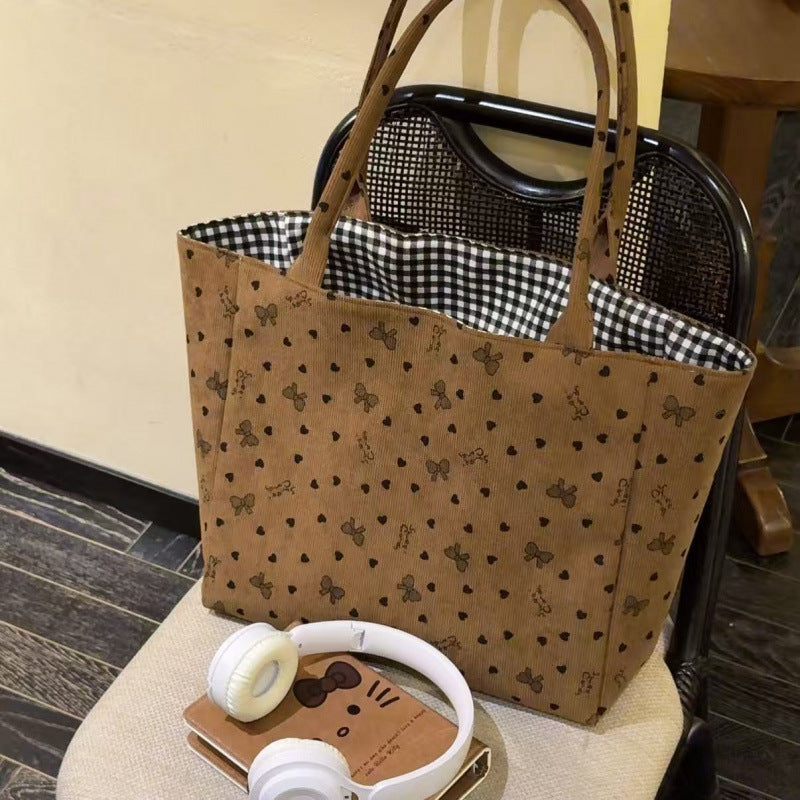 Women's Canvas Bag Large Capacity Love Heart Bow Tie New All-Match One-Shoulder Fashion Portable Commuter Tote