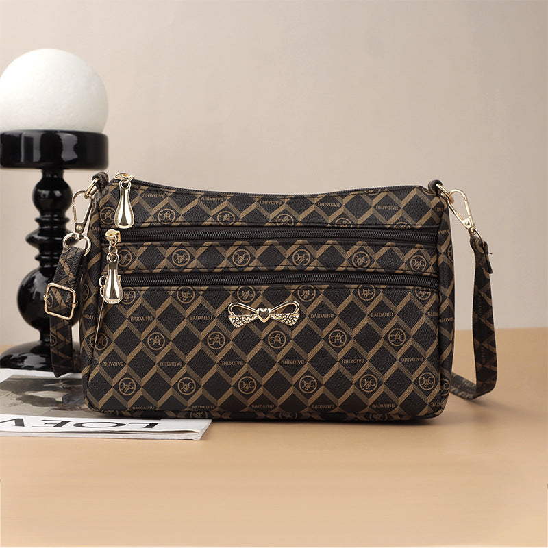 New Wide Bottom Large Capacity Korean Style Printed Shoulder Messenger Bag for Middle-Aged Mothers Women's Mobile Coin Purse